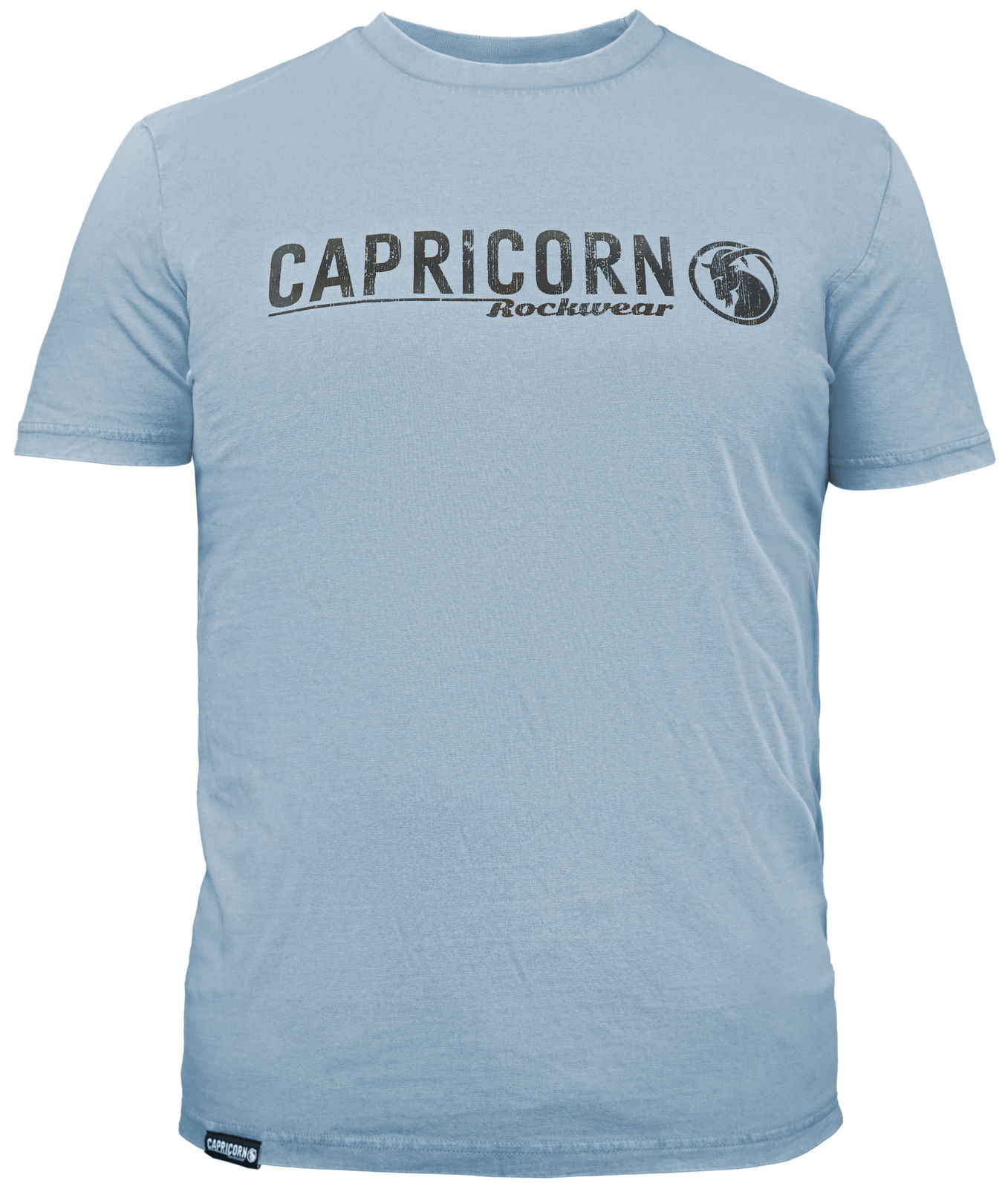 Hellblaues T-Shirt mit Capricorn Rockwear Schriftzug auf der Vorderseite. Vintage Style
