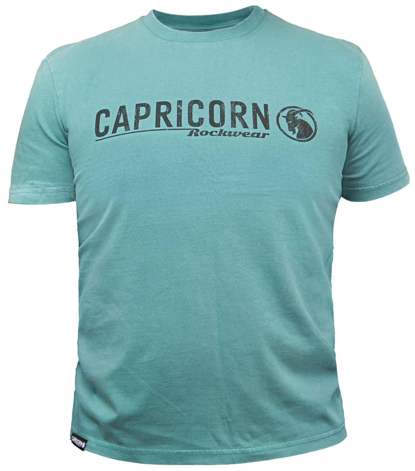 T-Shirt smaragdgrün mit Capricorn Rockwear Schriftzug auf der Vorderseite