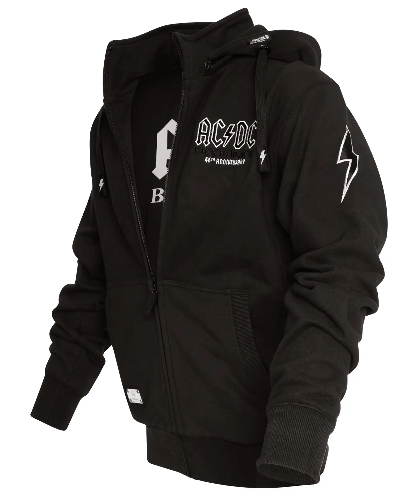 Kapuzenjacke AC/DC Back in Black Seitenansicht mit gesticktem Blitz auf dem Arm