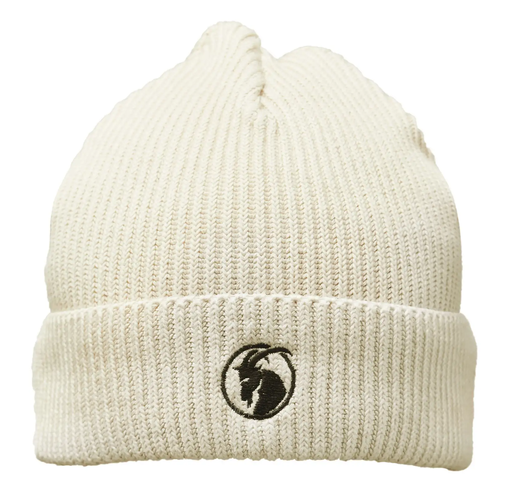 Cremefarbene Beanie Mütze mit schwarzem Steinbock Stick auf der Vorderseite