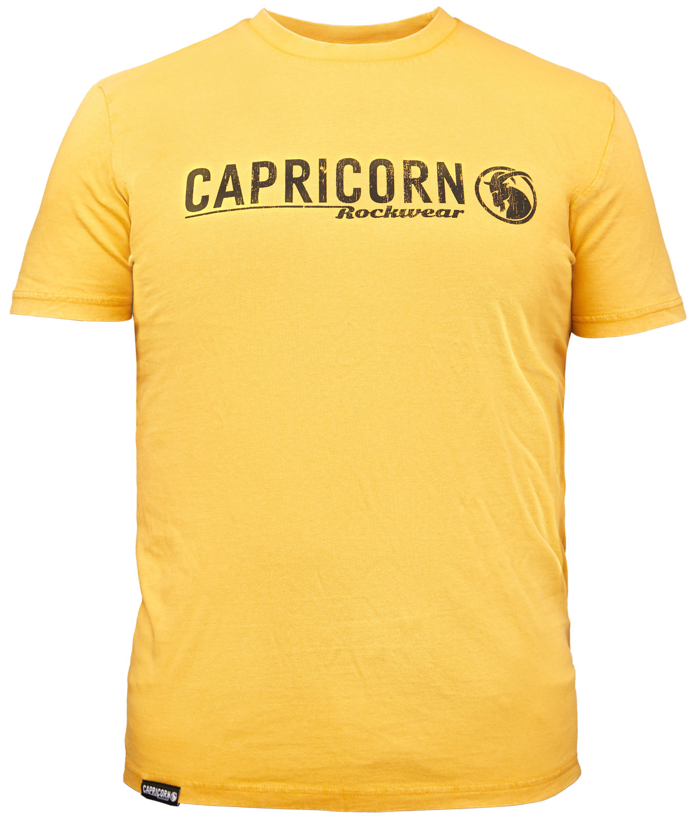 T-Shirt in gelb mit Capricorn Rockwear Schriftzug auf der Vorderseite