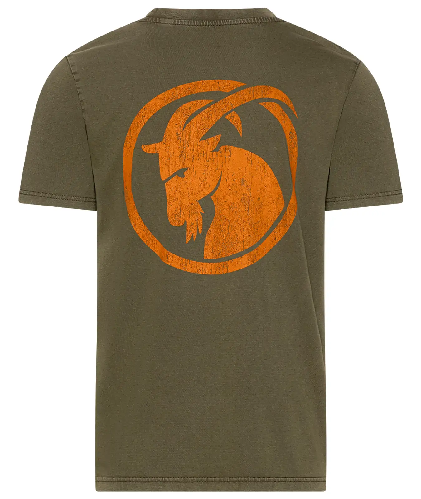 T-Shirt olivgrün mit orangefarbenen Steinbock Kopf auf dem Rücken