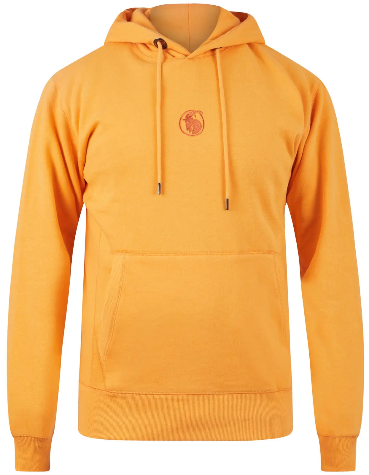 Hoodie orangefarben mit Logo Stick auf der Vorderseite mittig, Durchmesser 7 cm.