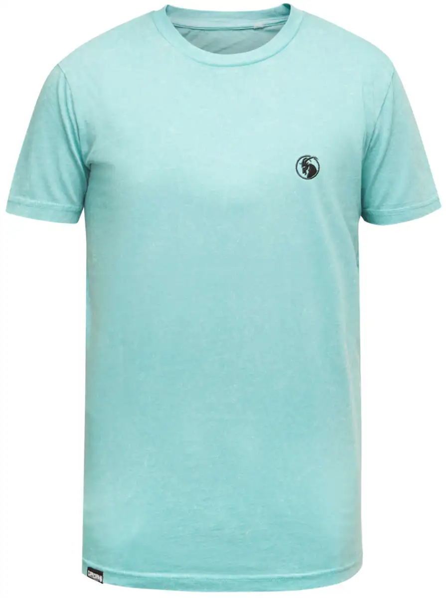 T-Shirt grün mit schwarzem Stick auf der Brust. Vorderansicht