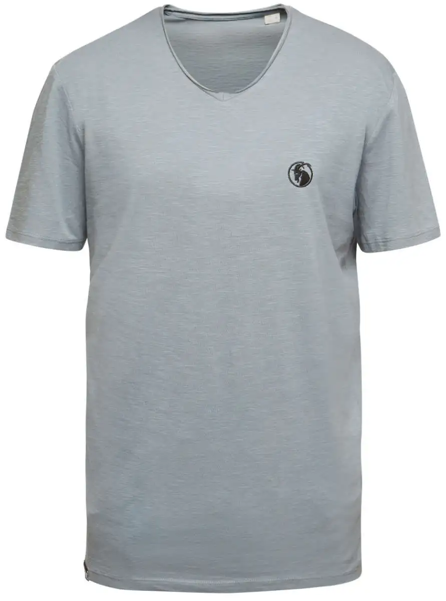 T-Shirt grau mit schwarzem Logo Stick auf der Brust. V-Ausschnitt