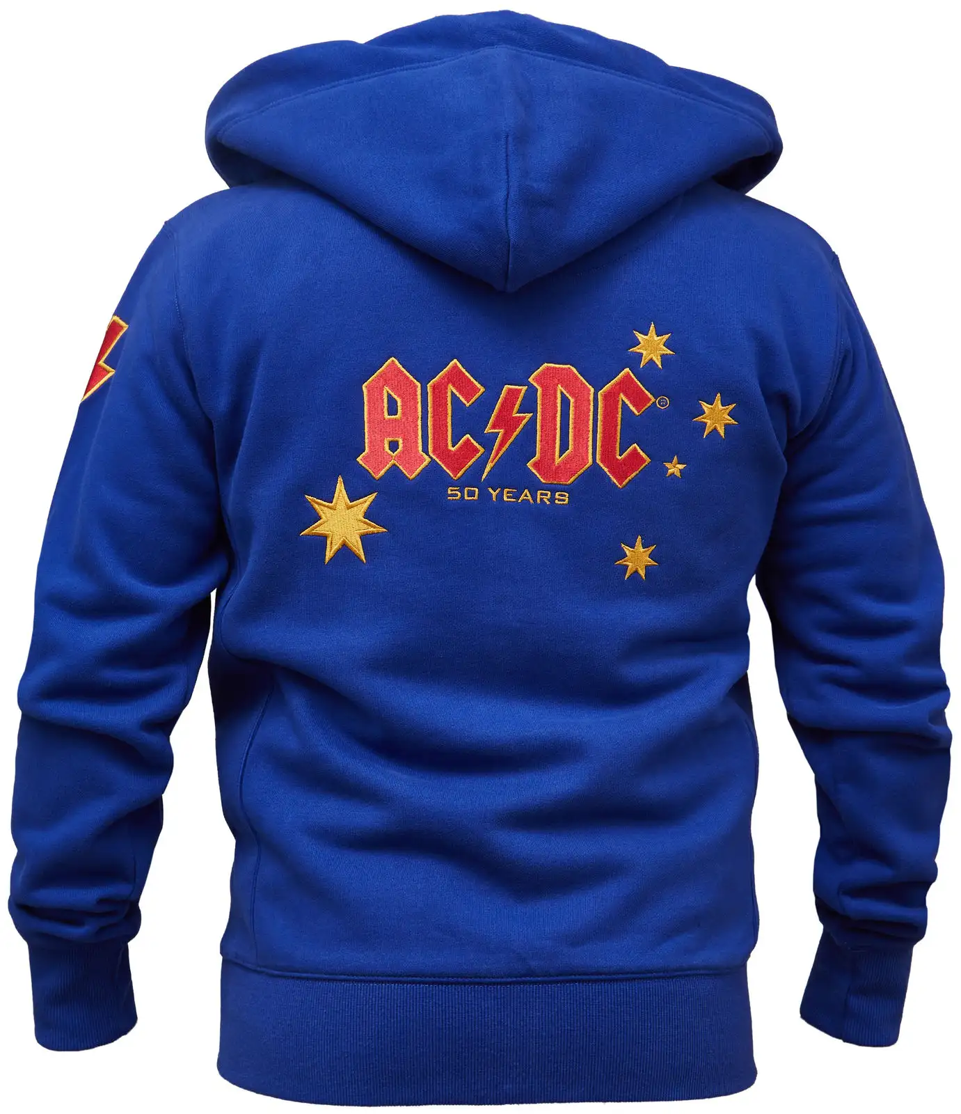 AC/DC Australia 74 Kapuzenjacke in blau. Gesticktes Logo in rot gold auf dem Rücken mit goldenen Australien Sternen.