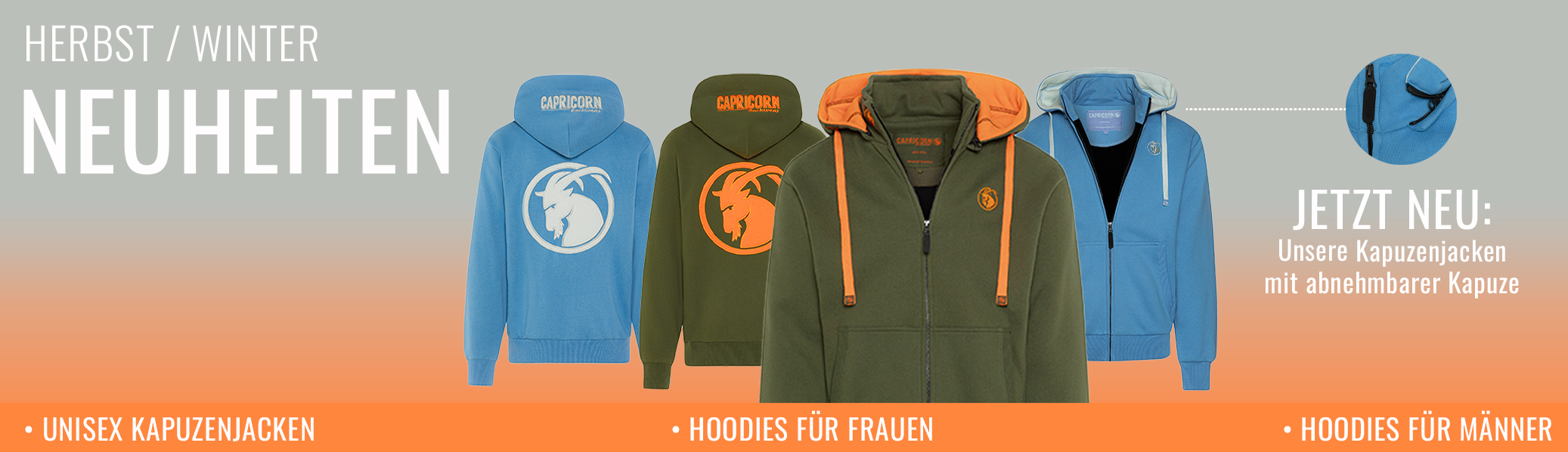 Kategoriebanner Desktop für Neuheiten zeigt Hoodies in olivgrün und hellblau