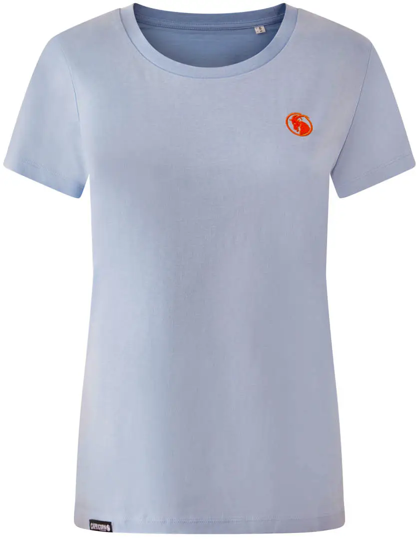 Girlie Shirt hellblau mit orangefarbenen Logo Stick auf der Brustseite