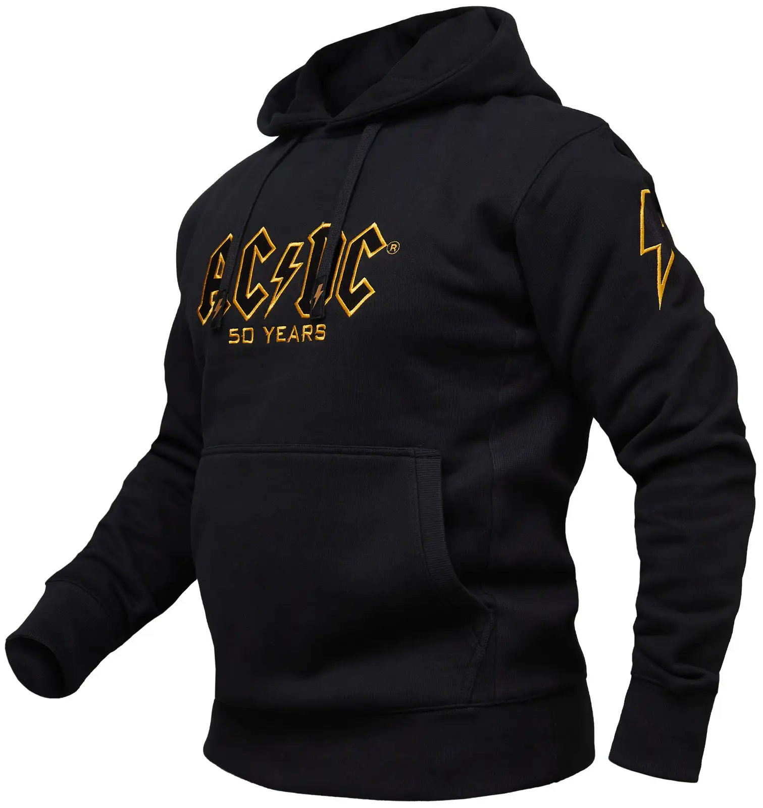 AC/DC Hoodie mit großem Logo in schwarz und goldenem Rand auf der Brust gestickt. Seitenansicht