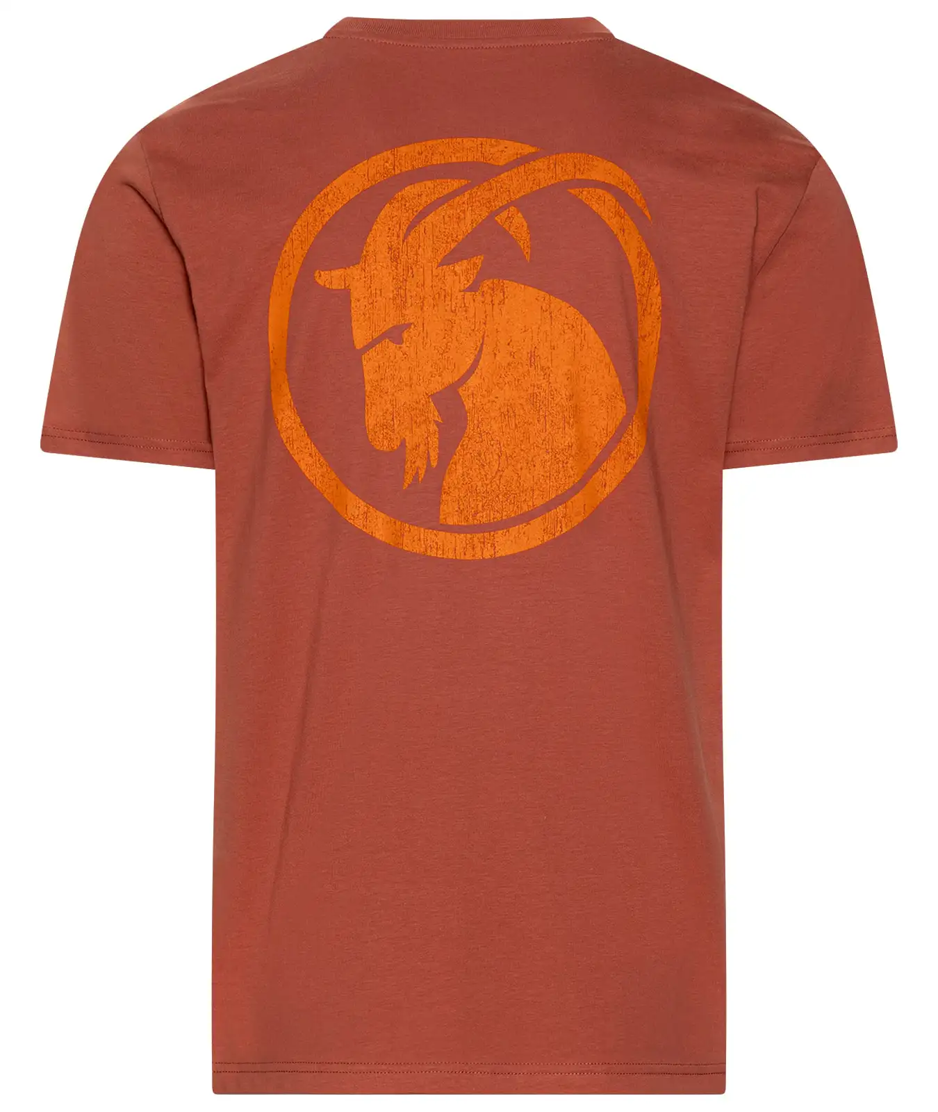 T-Shirt rotbraun mit orangefarbenen Steinbock Kopf auf Rücken gedruckt