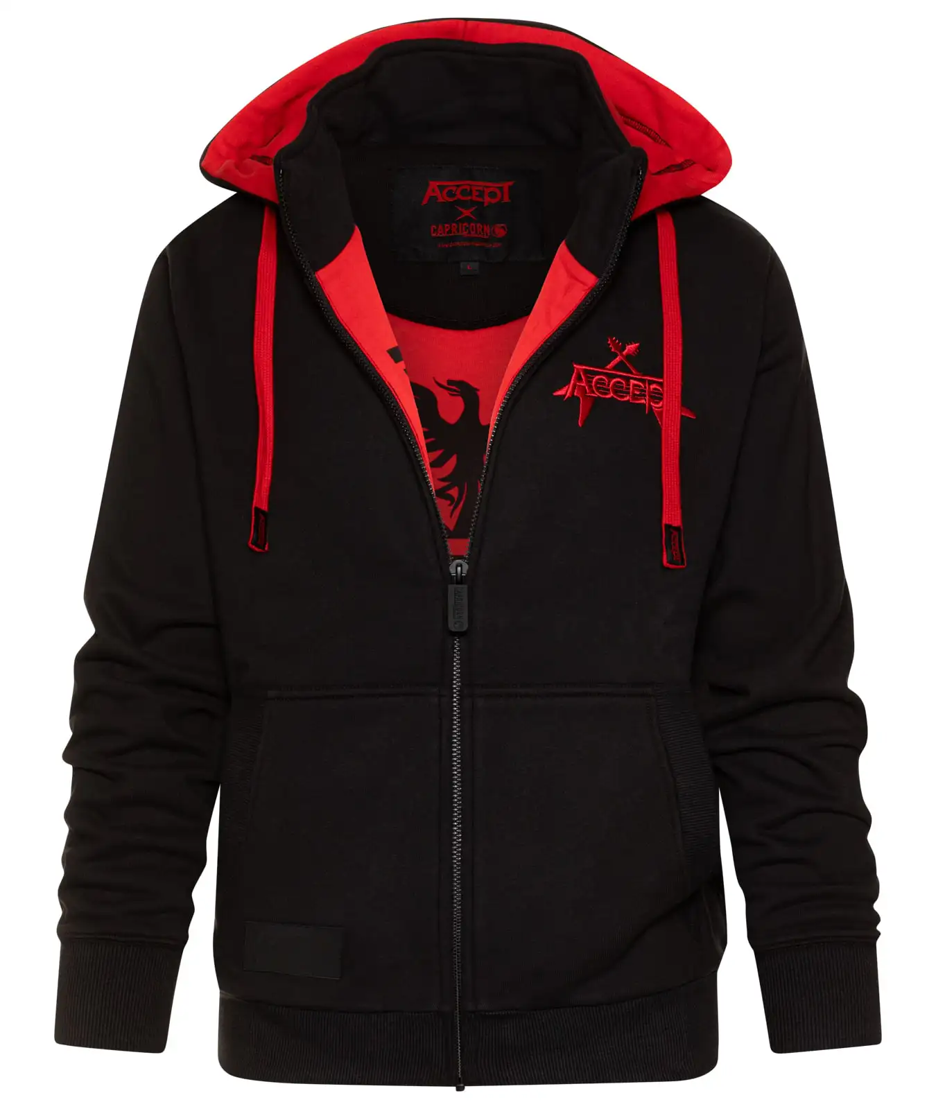 Accept Kapuzenjacke mit rotem Bruststick. Vorderansicht