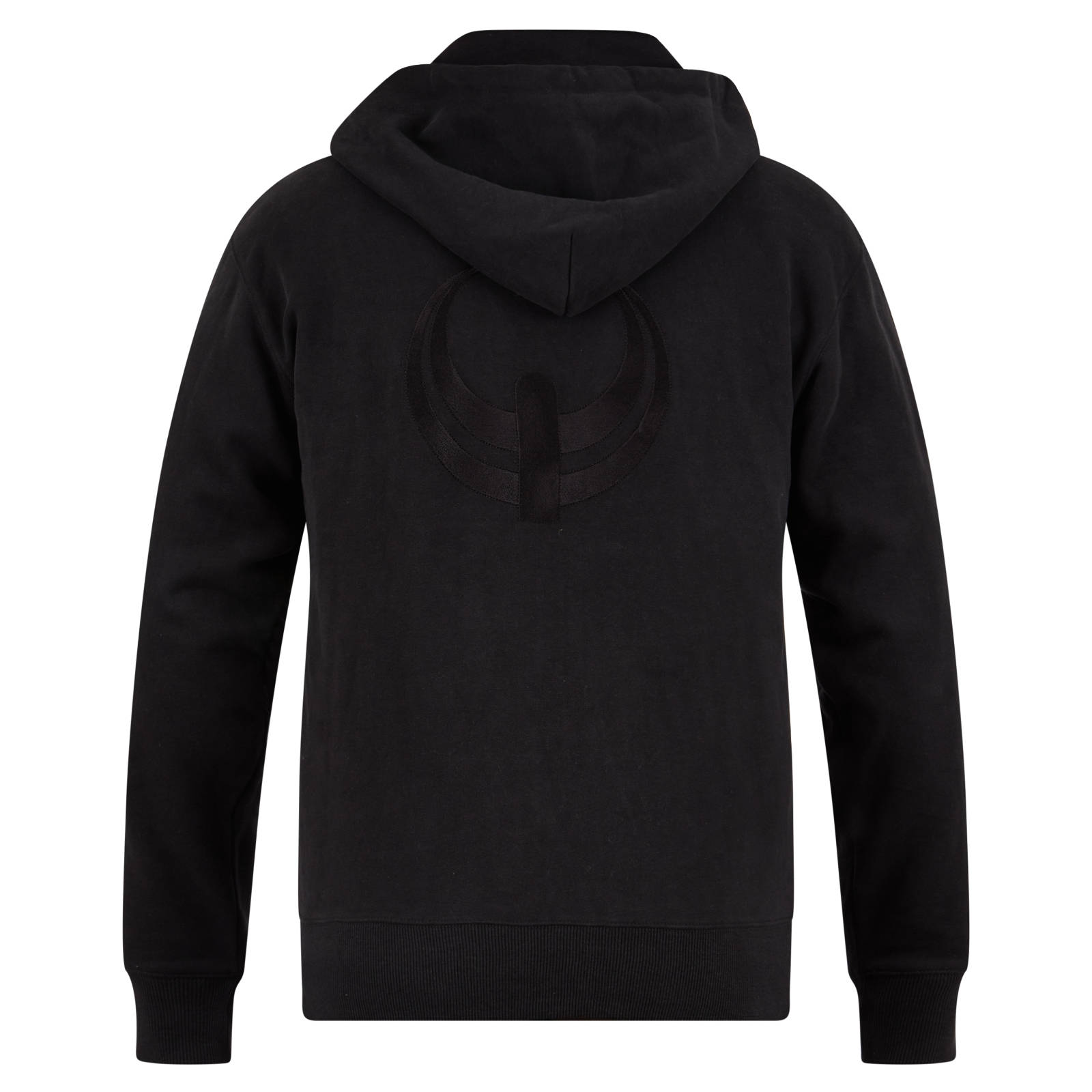 Schwarzer Hoodie mit einem dunklen Logo auf der Rückseite