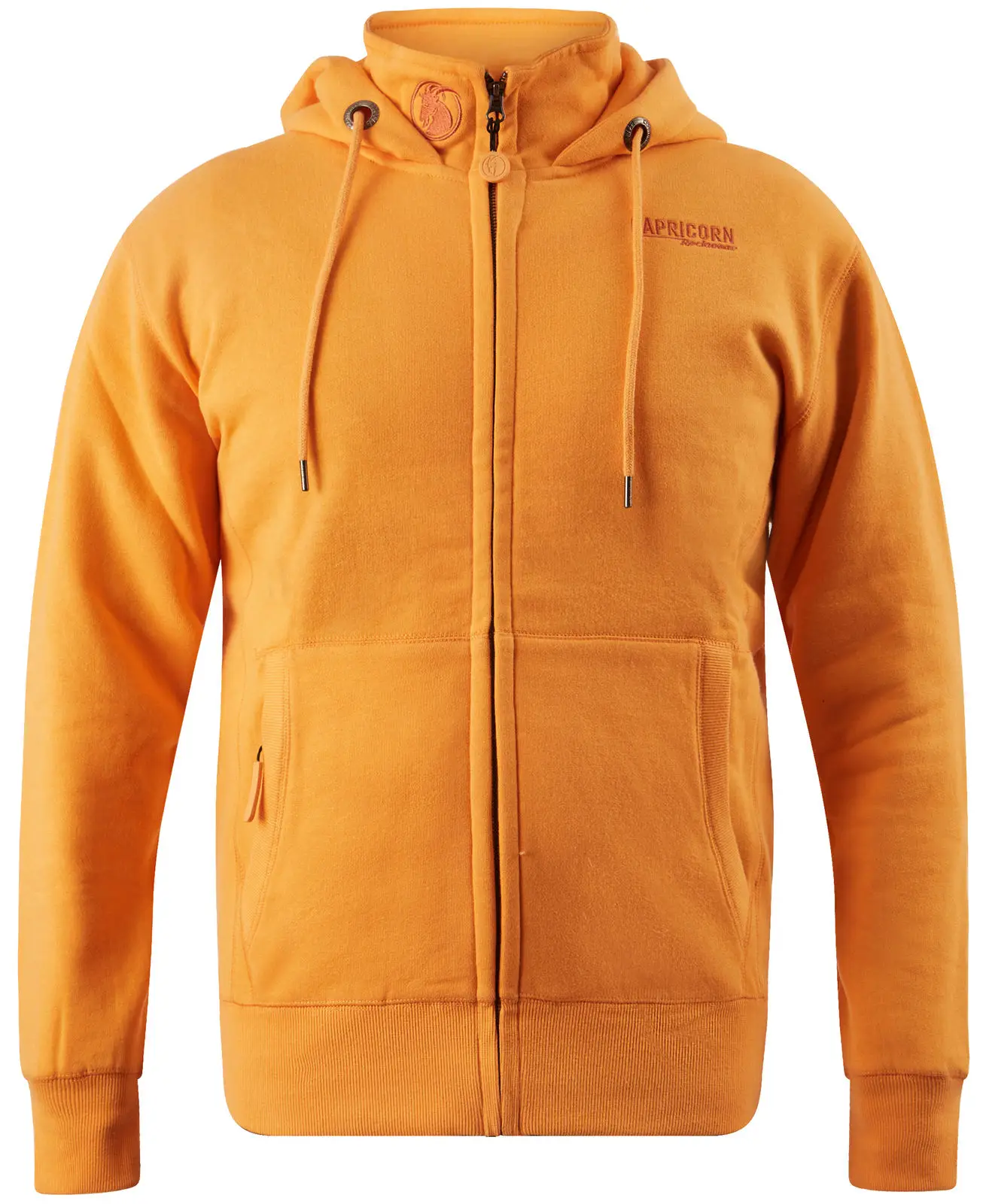 Kapuzenjacke orangefarben mit Logo Stick auf der Brust. Vorderansicht.