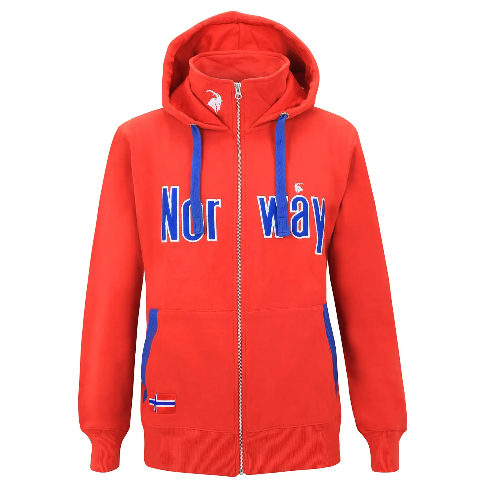 Kapuzenjacke rot mit Norway Schriftzug in blau auf der Brust