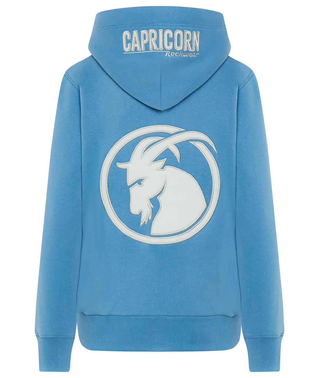 Girls Hoodie hellblau mit weißen Steinbock Logo auf der Rückseite und Logo Schriftzug auf der Kapuze