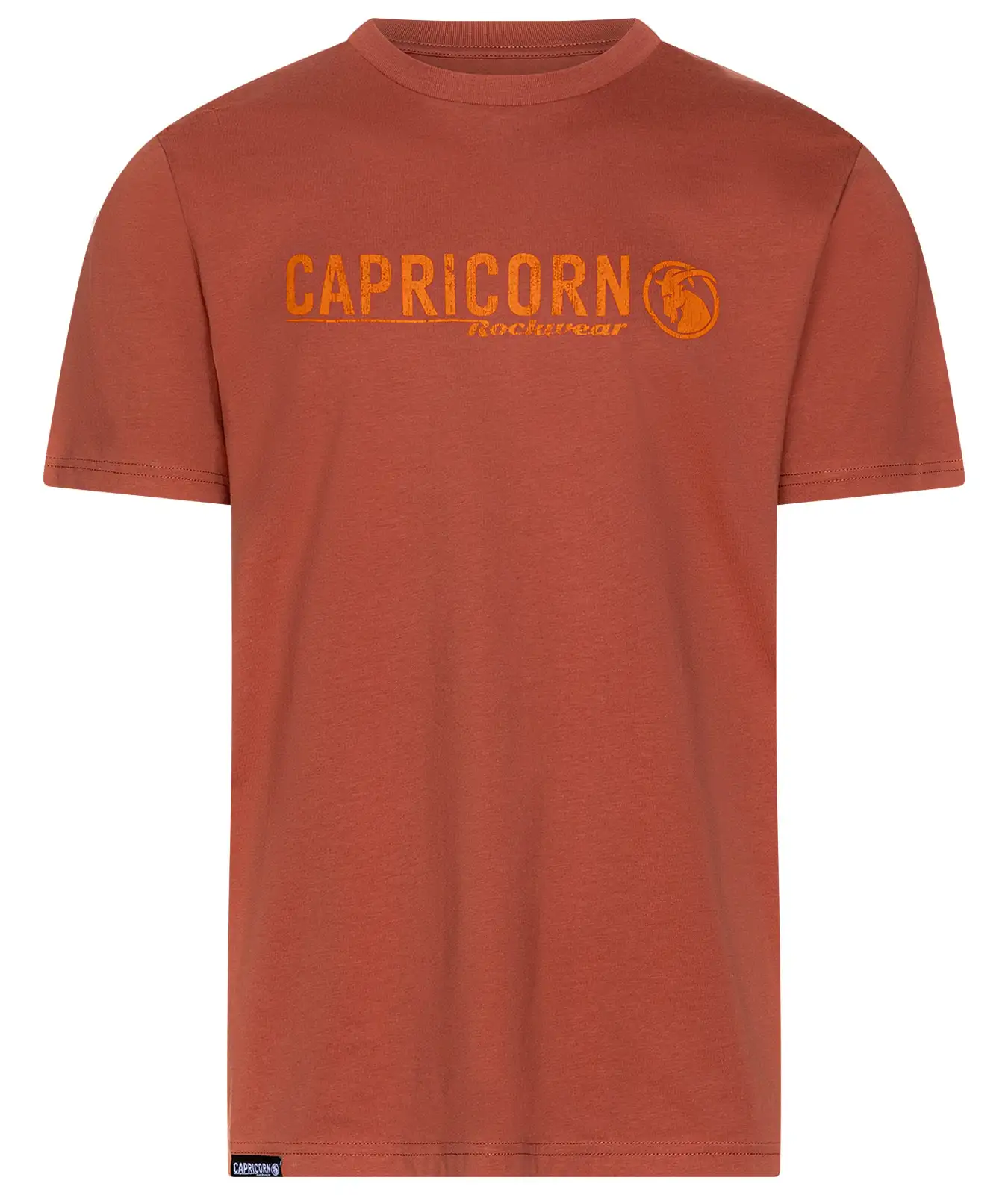 T-Shirt rotbraun mit orangfarbenen Capricorn Schriftzug auf der Brust