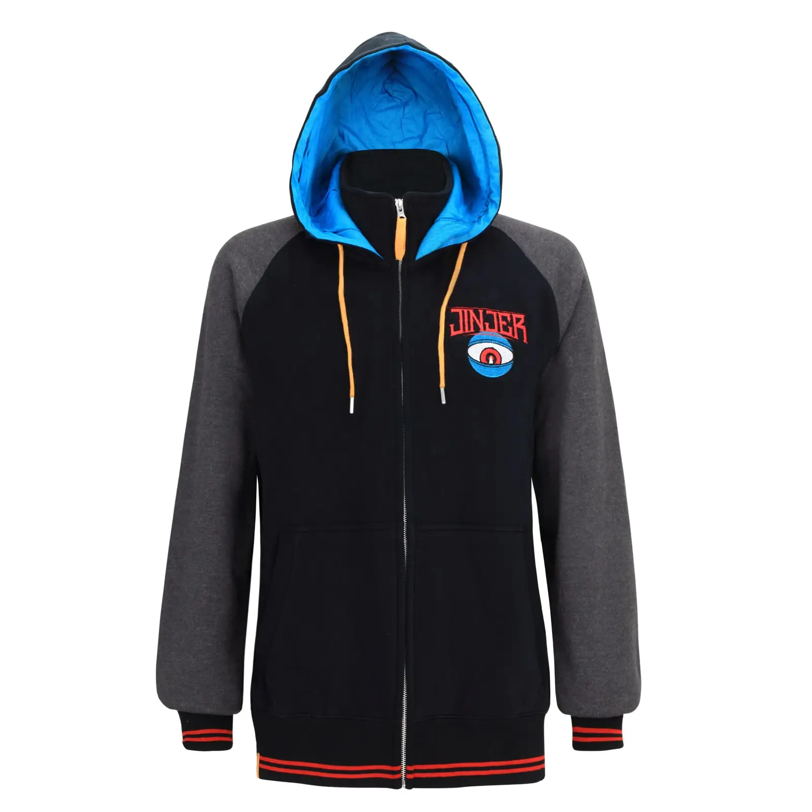 Schwarz-blauer Jinjer Hoodie mit einem Jinjer Badge auf der vorderen Seite