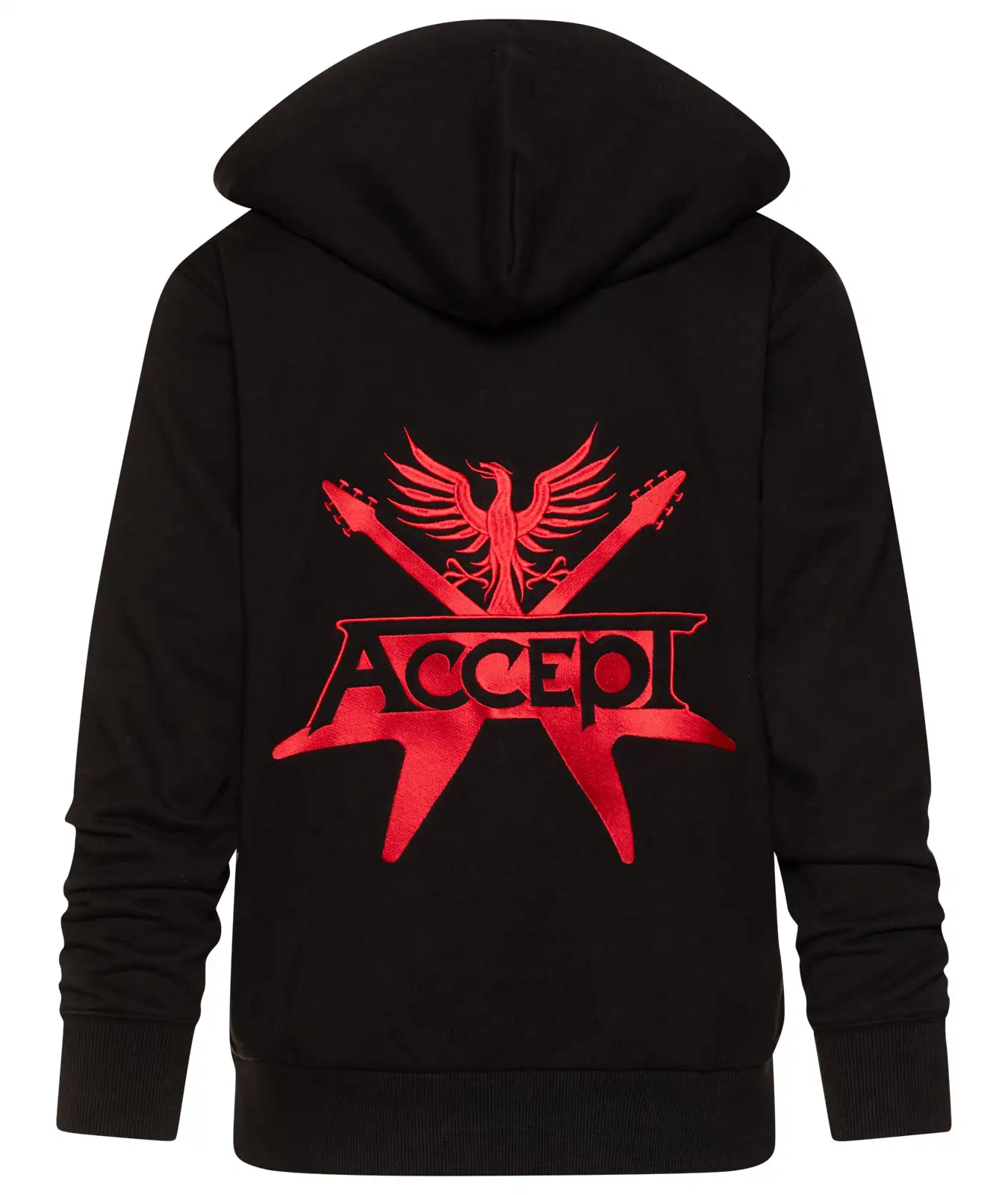 Kapuzenjacke von Accept mit rot gesticktem Phoenix Logo auf dem Rücken