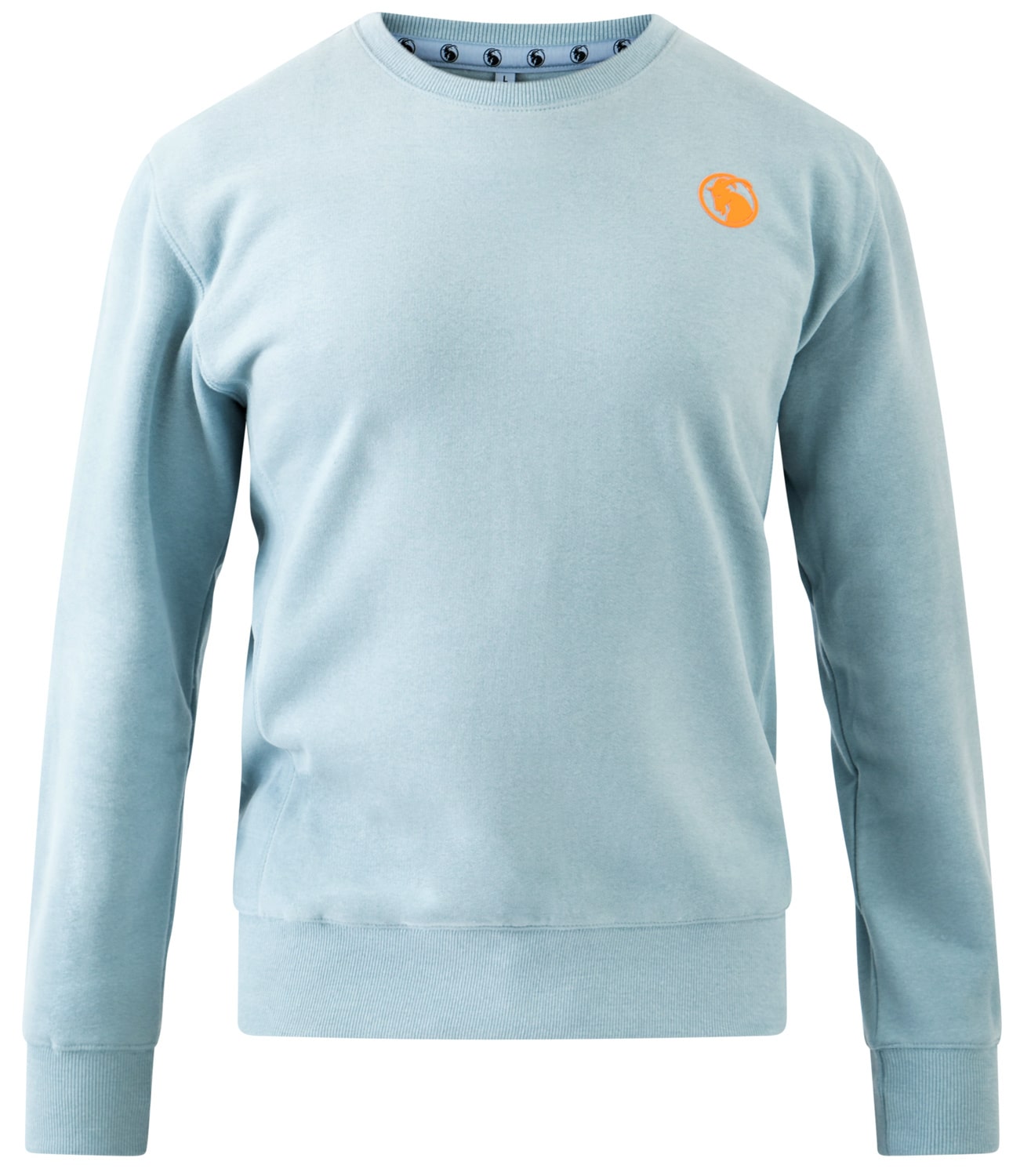Sweatshirt hellblau mit orangefarbenem Steinbock Rubberprint auf der Brust. Vorderansicht