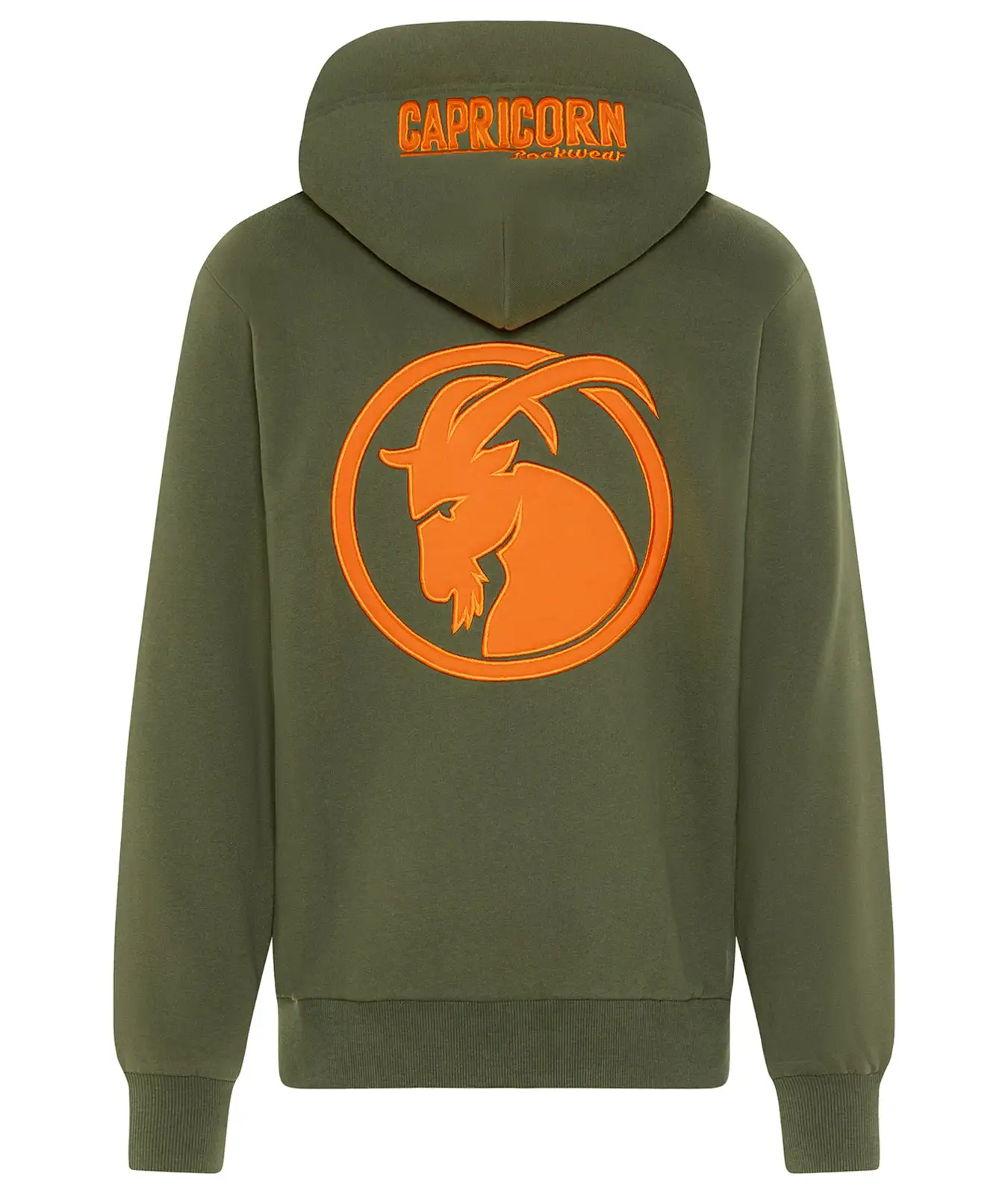 Kapuzenjacke olivgrün mit orangefarbenen Steinback Patch auf der Rückseite und Schriftzug auf der Kapuze