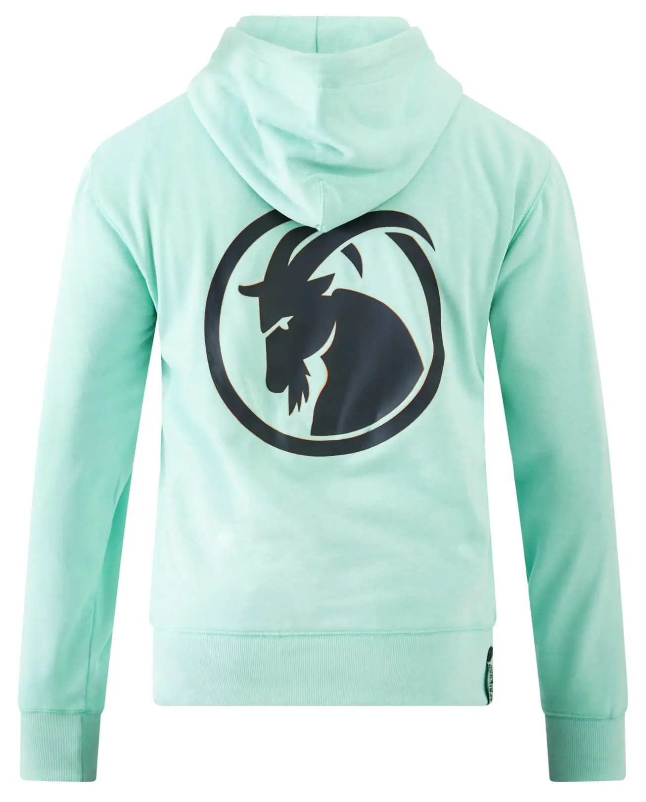 Hoodie mintgrün mit grauem Rubberprint in Form eines Steinbock Kopfe Rückansichts