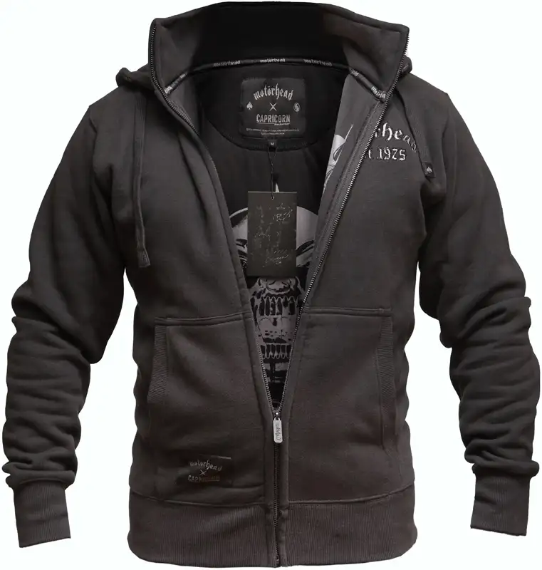 Ansicht einer schwarzen Motörhead Jacke mit Stickereinen auf der Brust