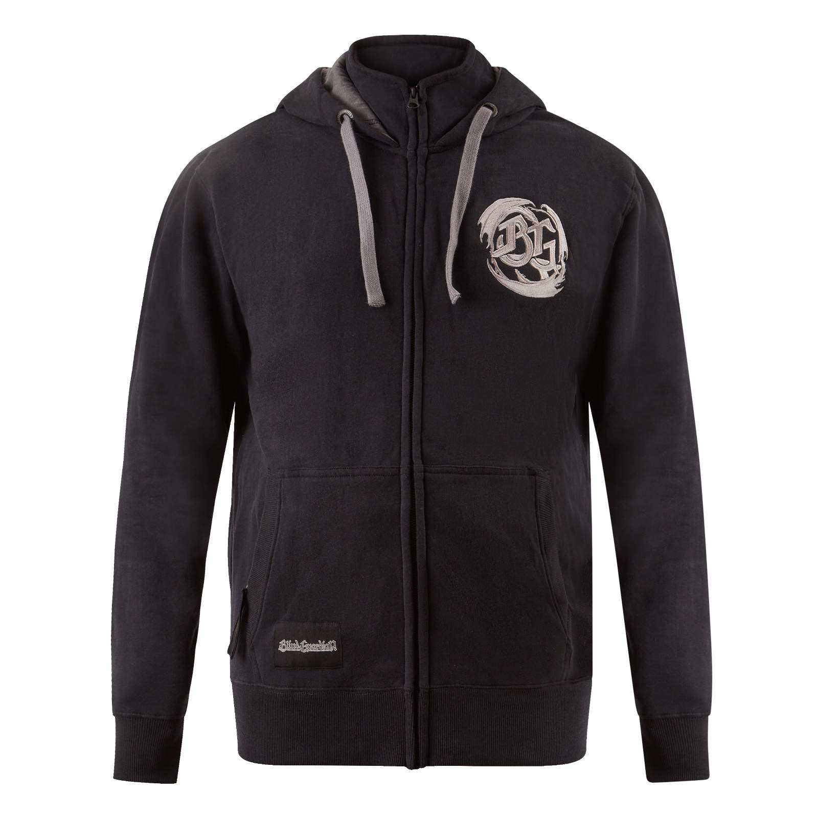 Schwarz-grauer Kapuzenpullover mit einem Wappen auf der Brust