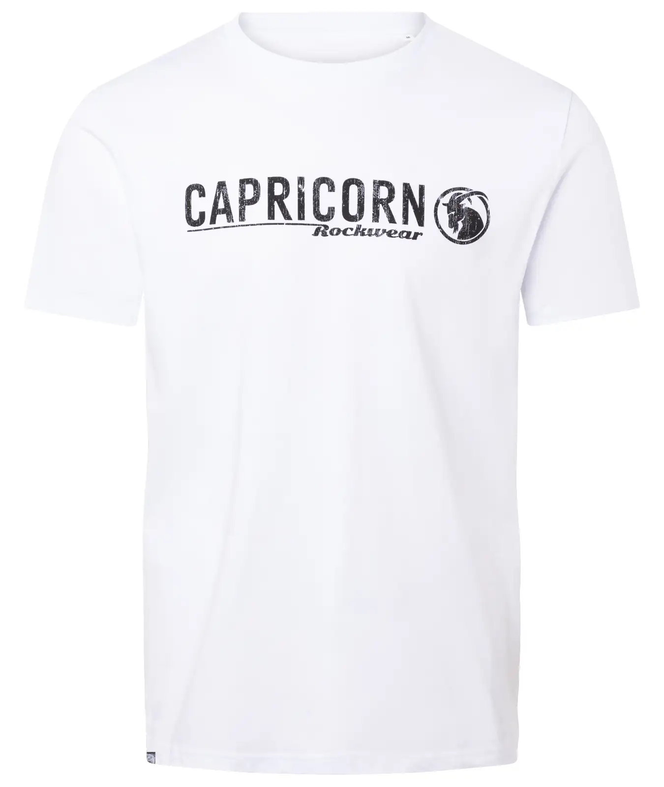 T-Shirt weiß mit schwarzen Capricorn Rockwear Logo auf der Brust