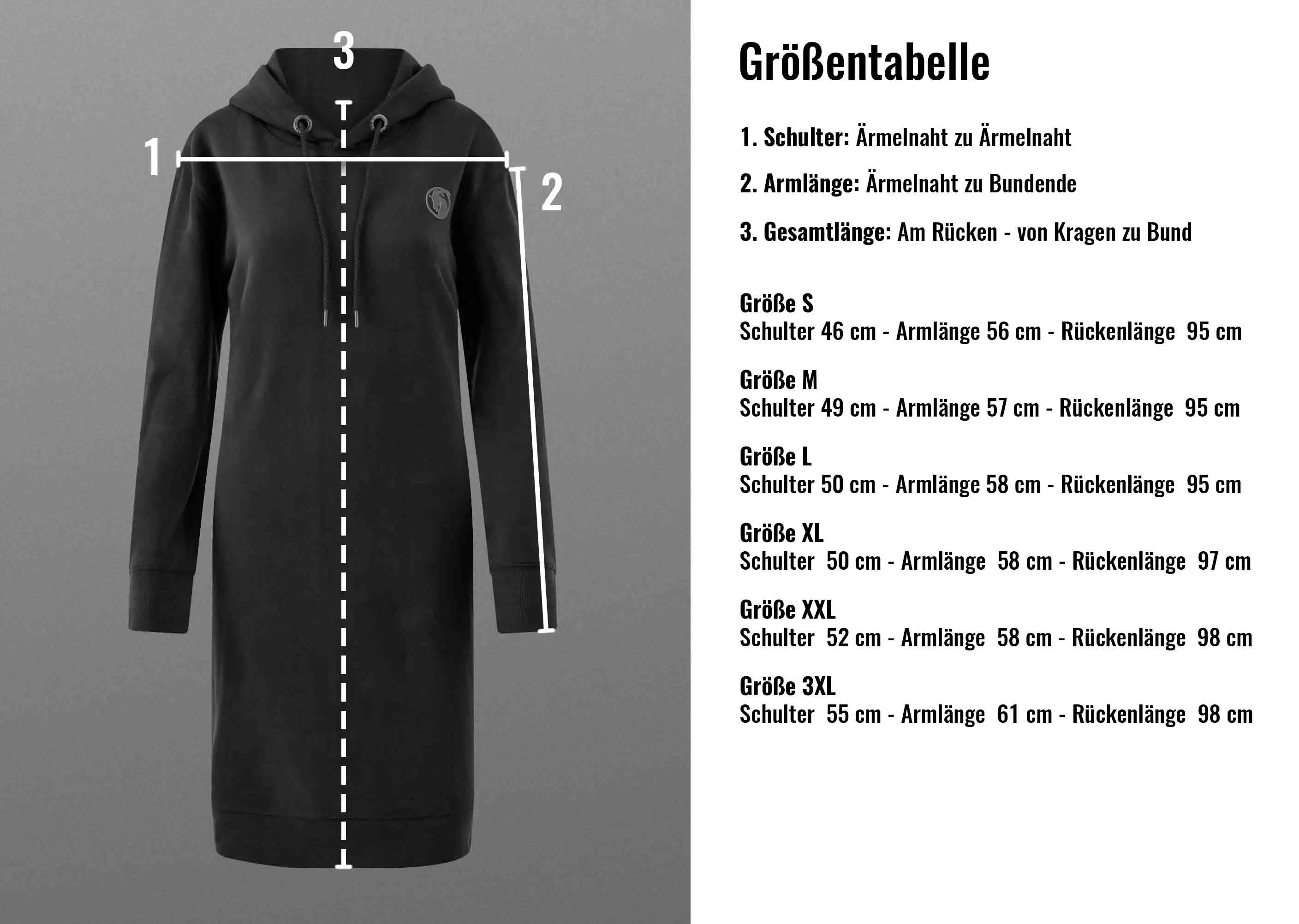 Maßtabelle Sweatkleider in den Größen von S bis 3XL