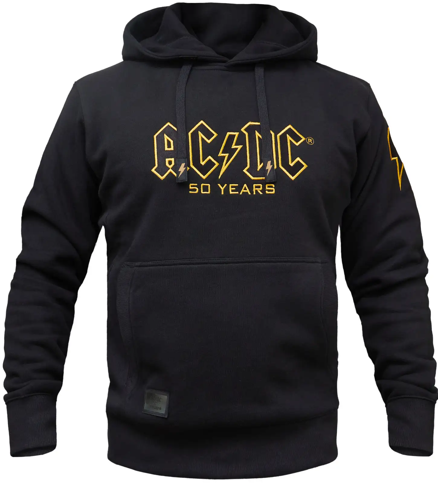 AC/DC Hoodie Vorderansicht mit großem gesticktem Logo in schwarz mit goldenem Rand