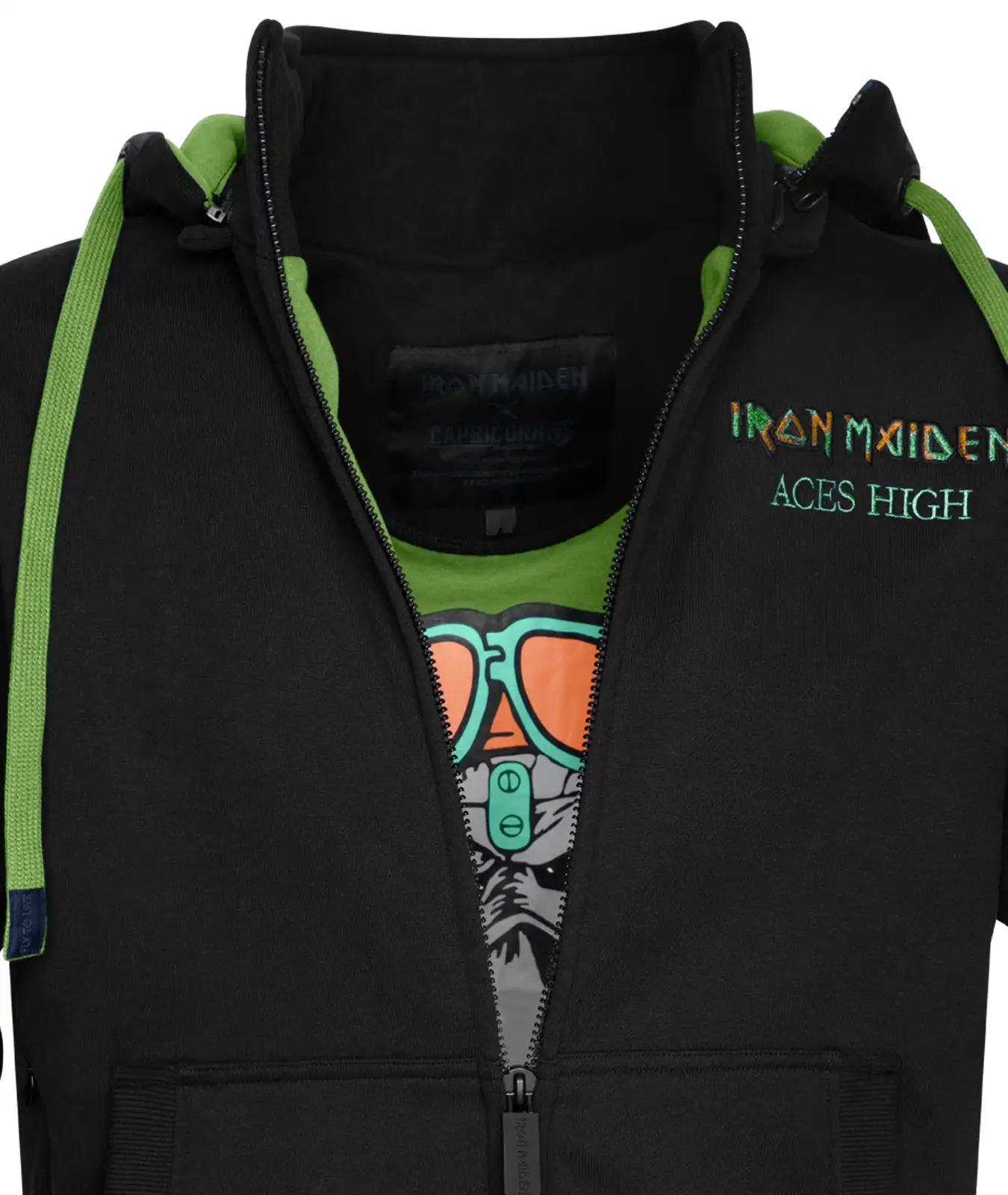 Kapuzenjacke Iron Maiden Aces High Insideprint und Bruststick im Detail