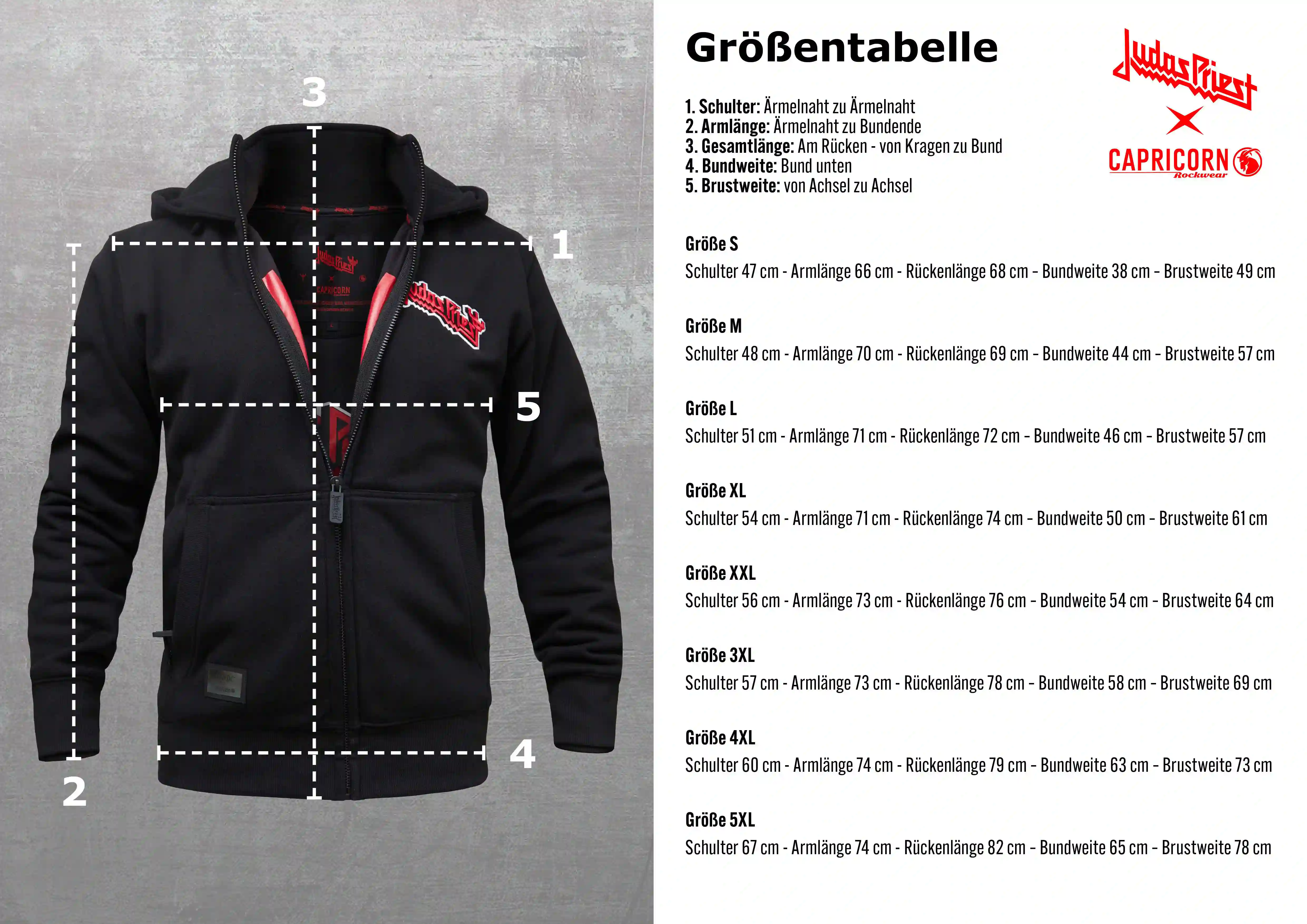 Maßtabelle Judas Priest Kapuzenjacke