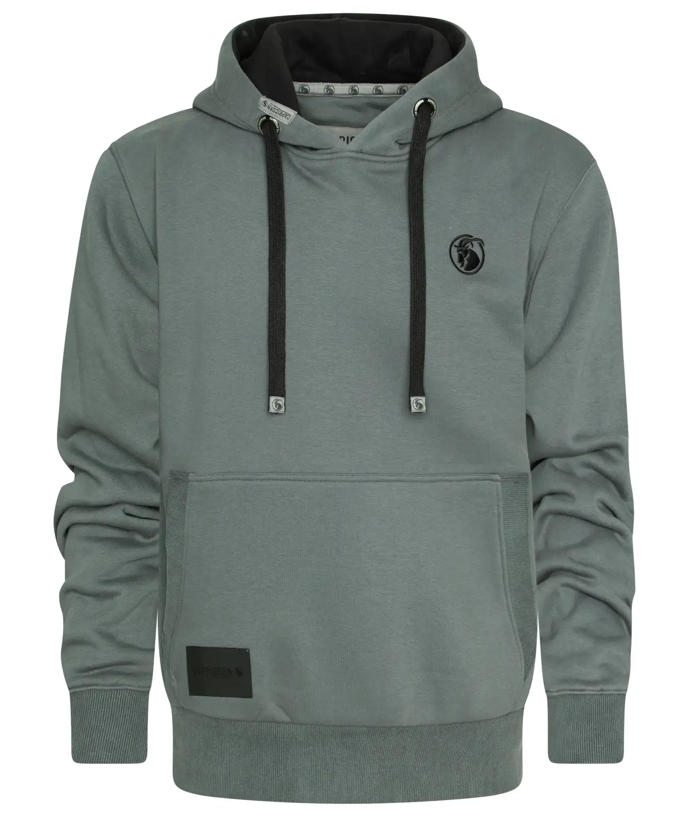 Hoodie grau mit schwarzen Steinbock Kopf auf der Brust. Vorderansicht.