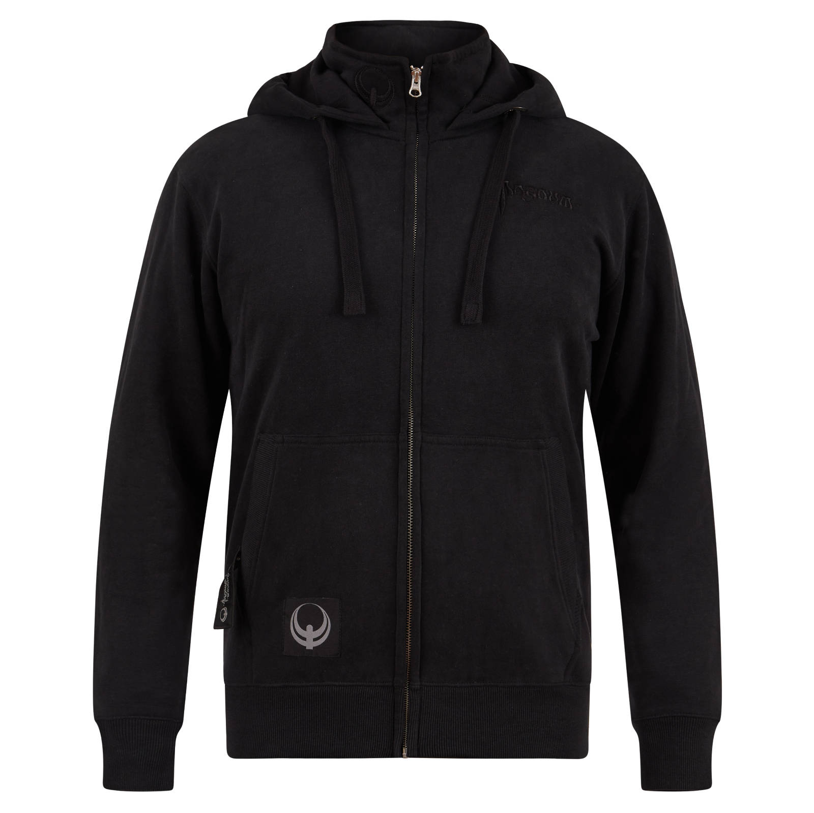 Schwarzer Kapuzenpullover mit einem hellen Logo auf der unteren, vorderen Seite