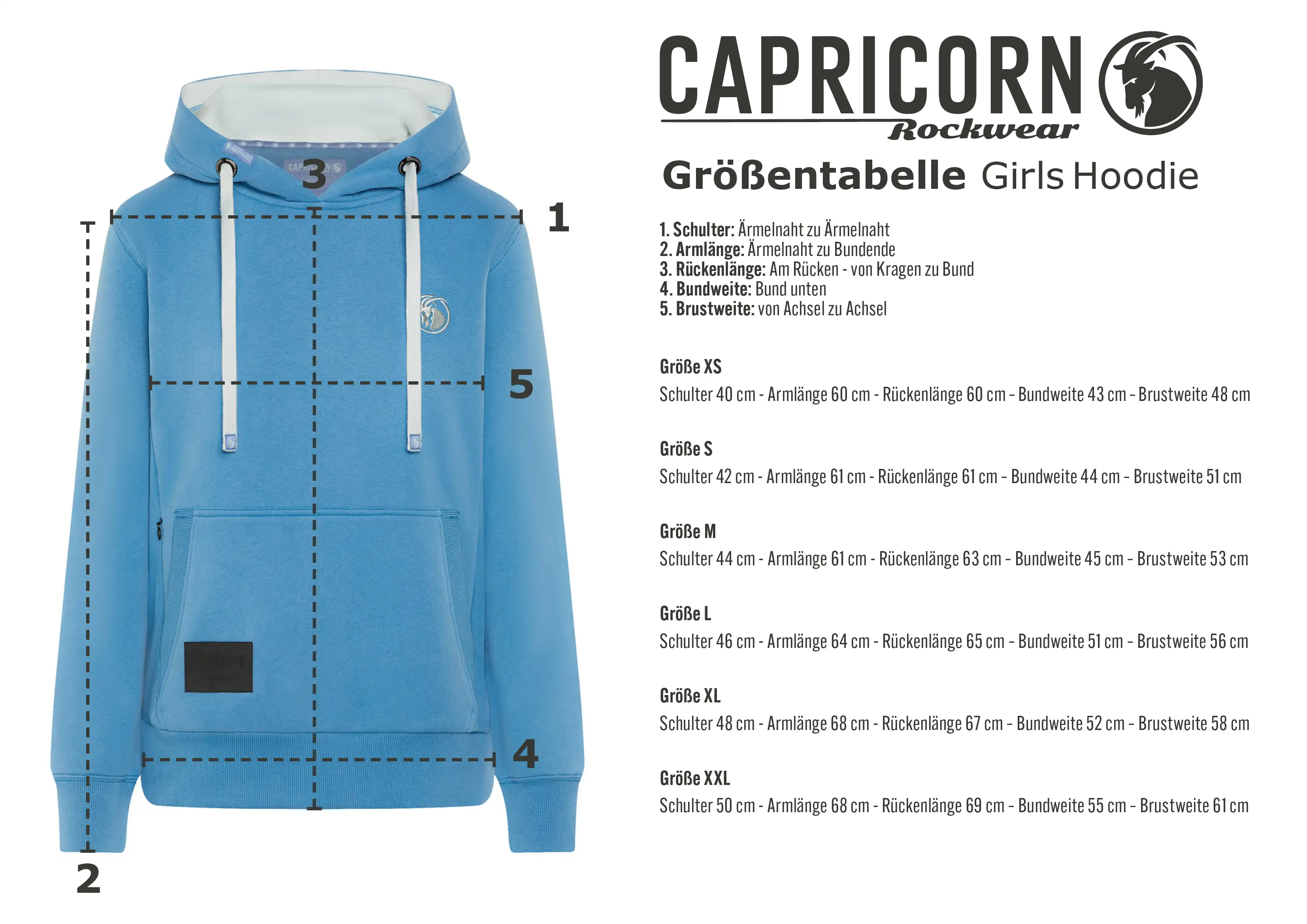 Maßtabelle Kapuzenjacke hellblau