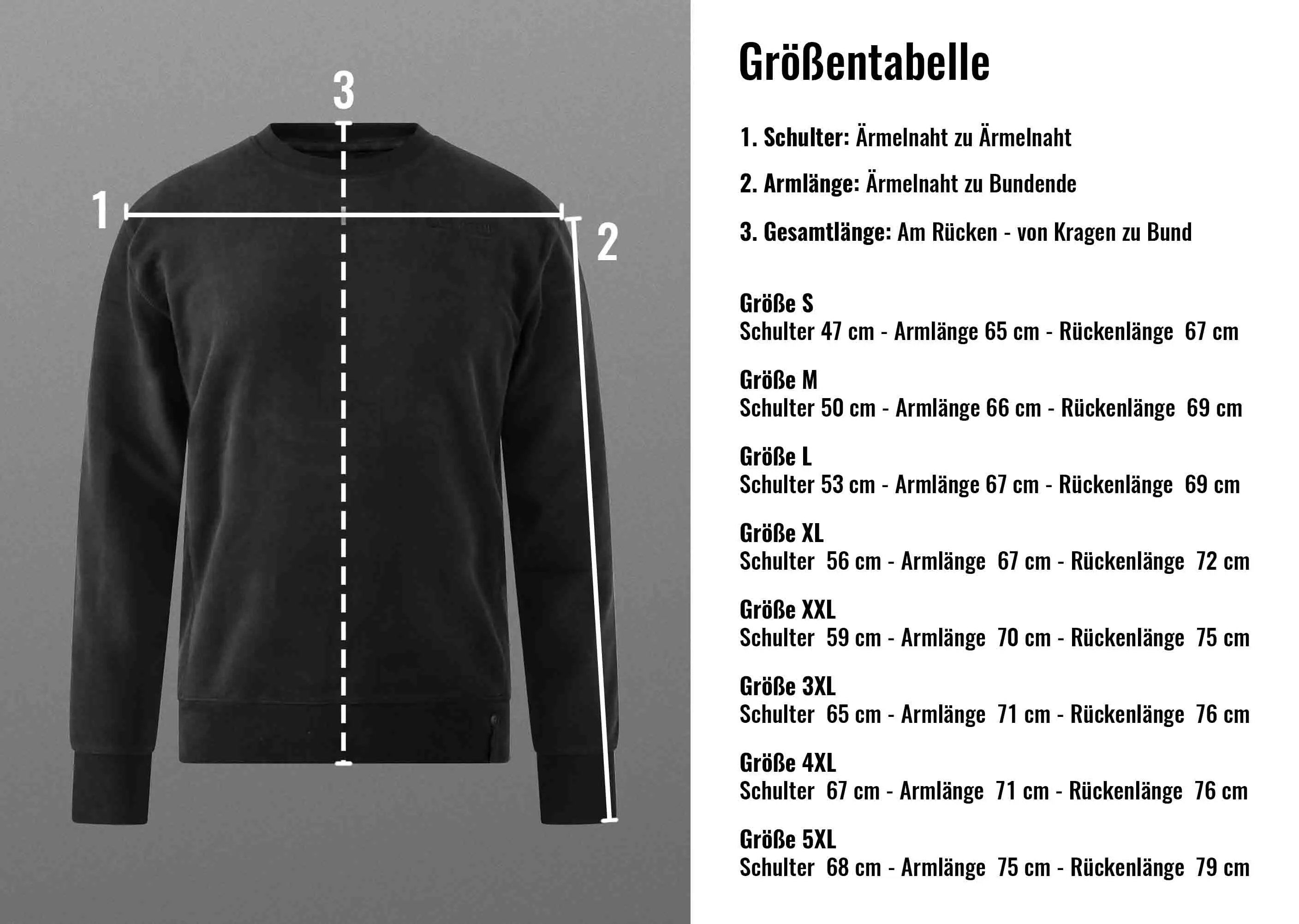 Maßtabelle für Sweatshirts in den Größen von S bis 5XL