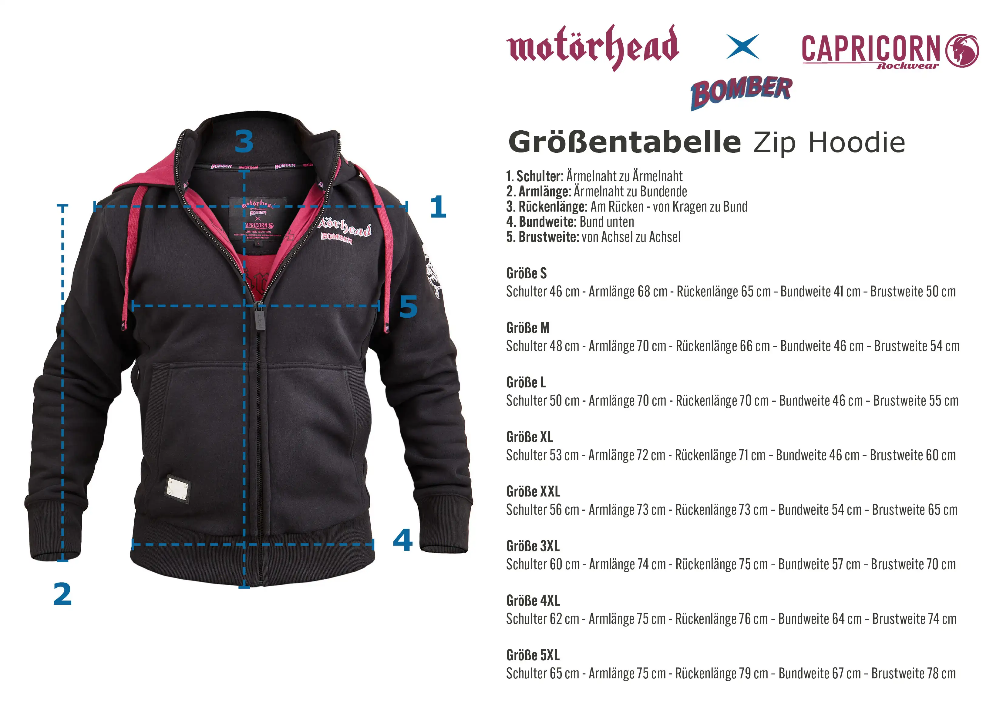 Maßtabelle Kapuzenjacke Motörhead Bomber