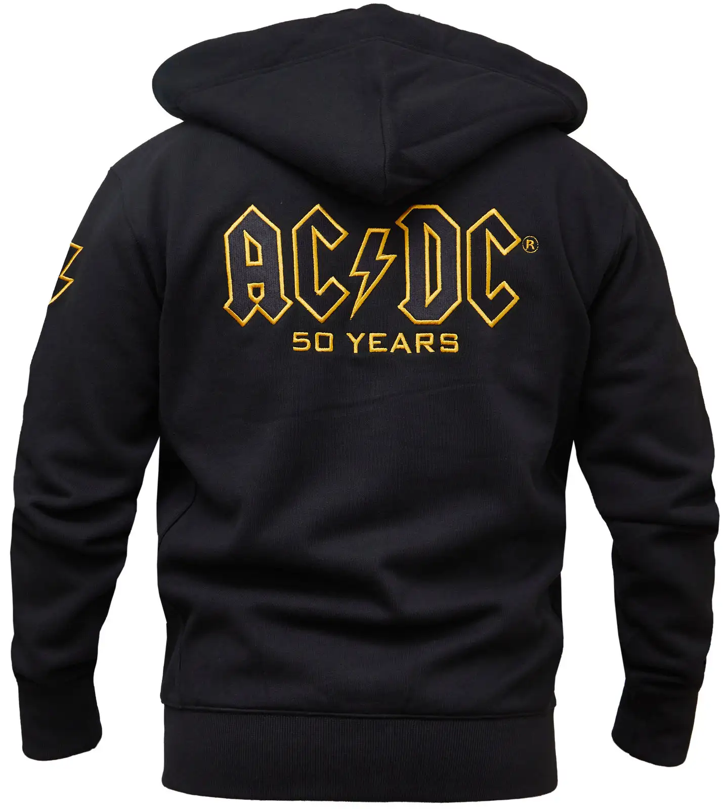 AC/DC Kapuzenjacke mit großen gesticken Logo in schwarz und goldenem Rand auf dem Rücken