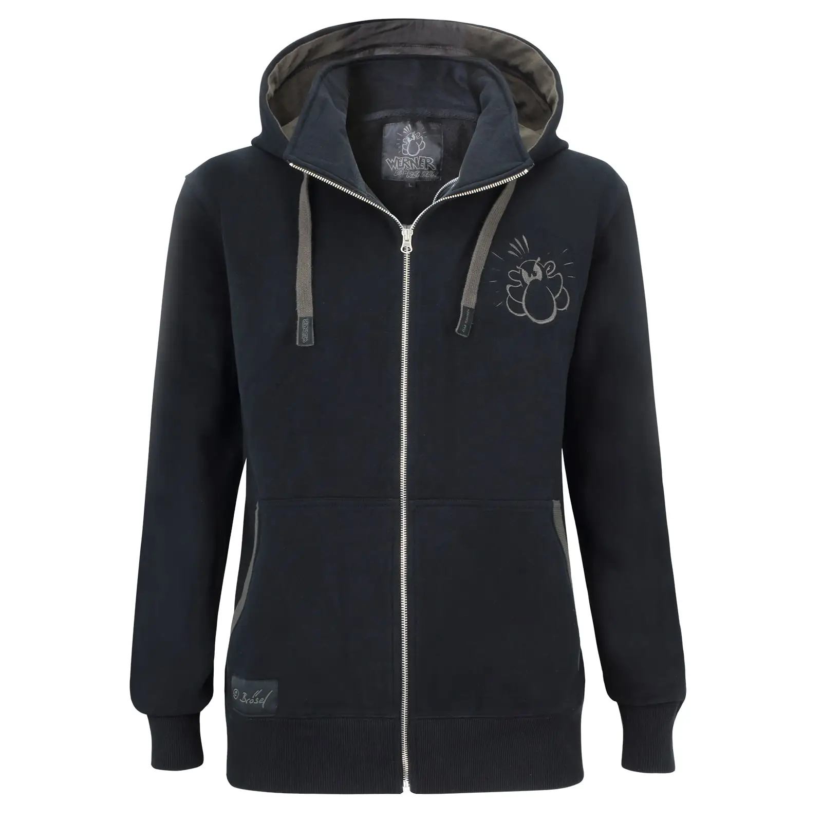 Werner Kapuzenjacke Das Rennen. Logos sind dunkelgrau gestickt. Vorderansicht.