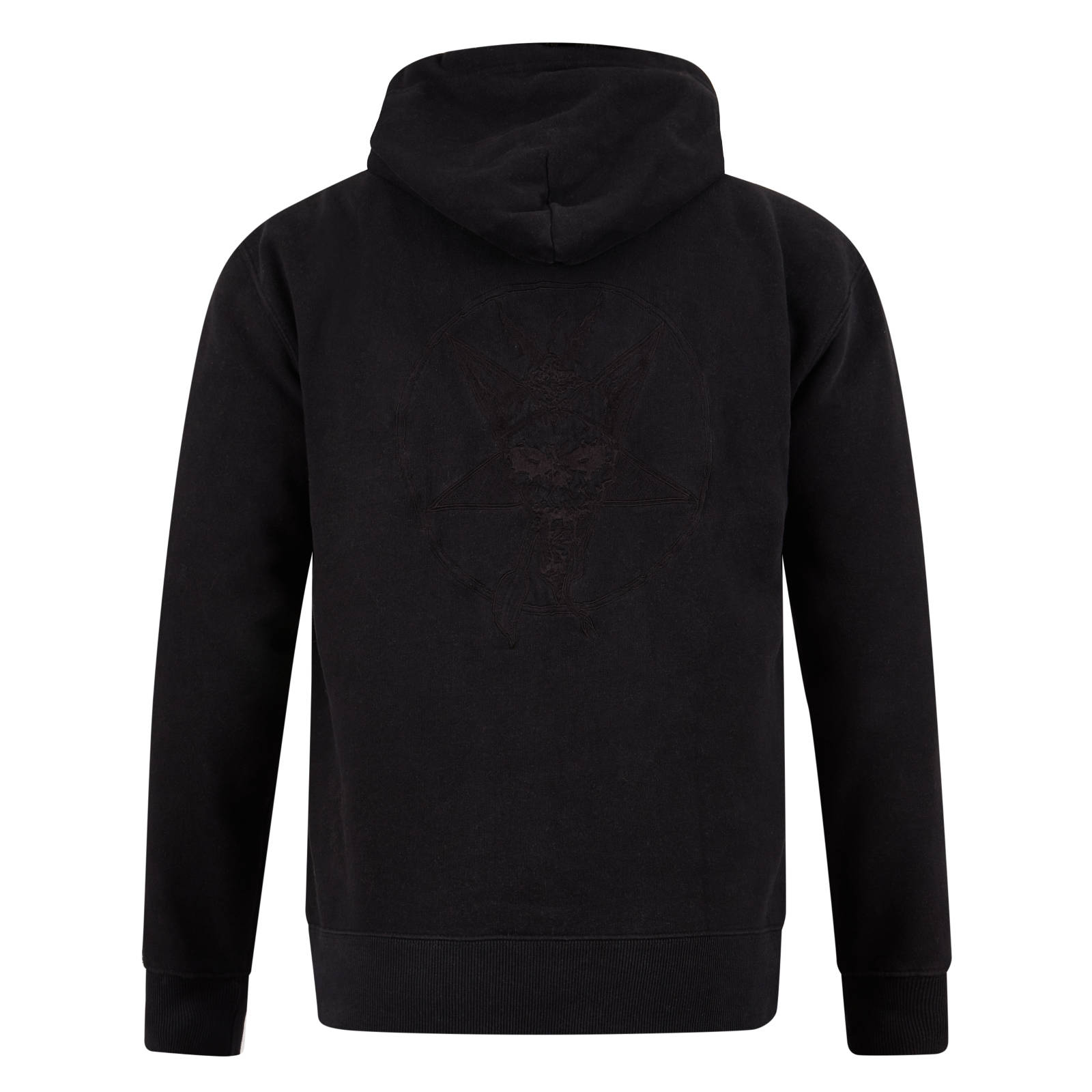 Schwarzer Kapuzenpullover mit einer dunklen Verzierung auf der Rückseite