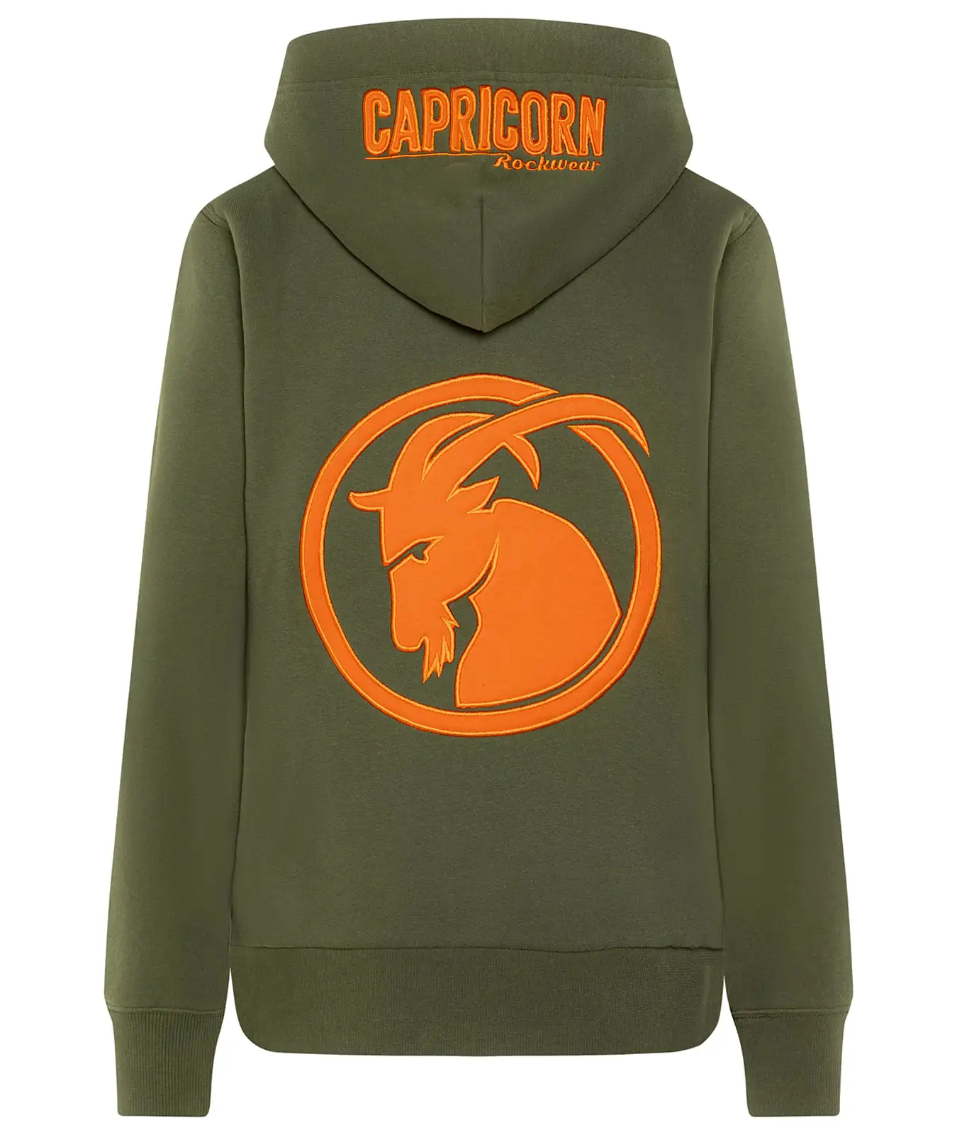 Hoodie olivgrün mit orangefarbenem Steinbock Rückenpatch